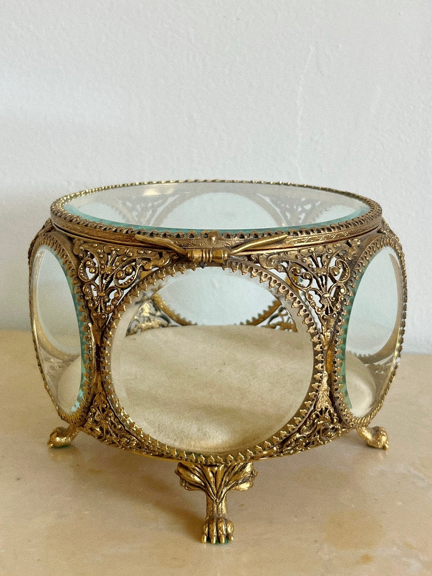 Antique French Ormolu Beveled Glass Jewelry Claw Foot Large Trinket Box