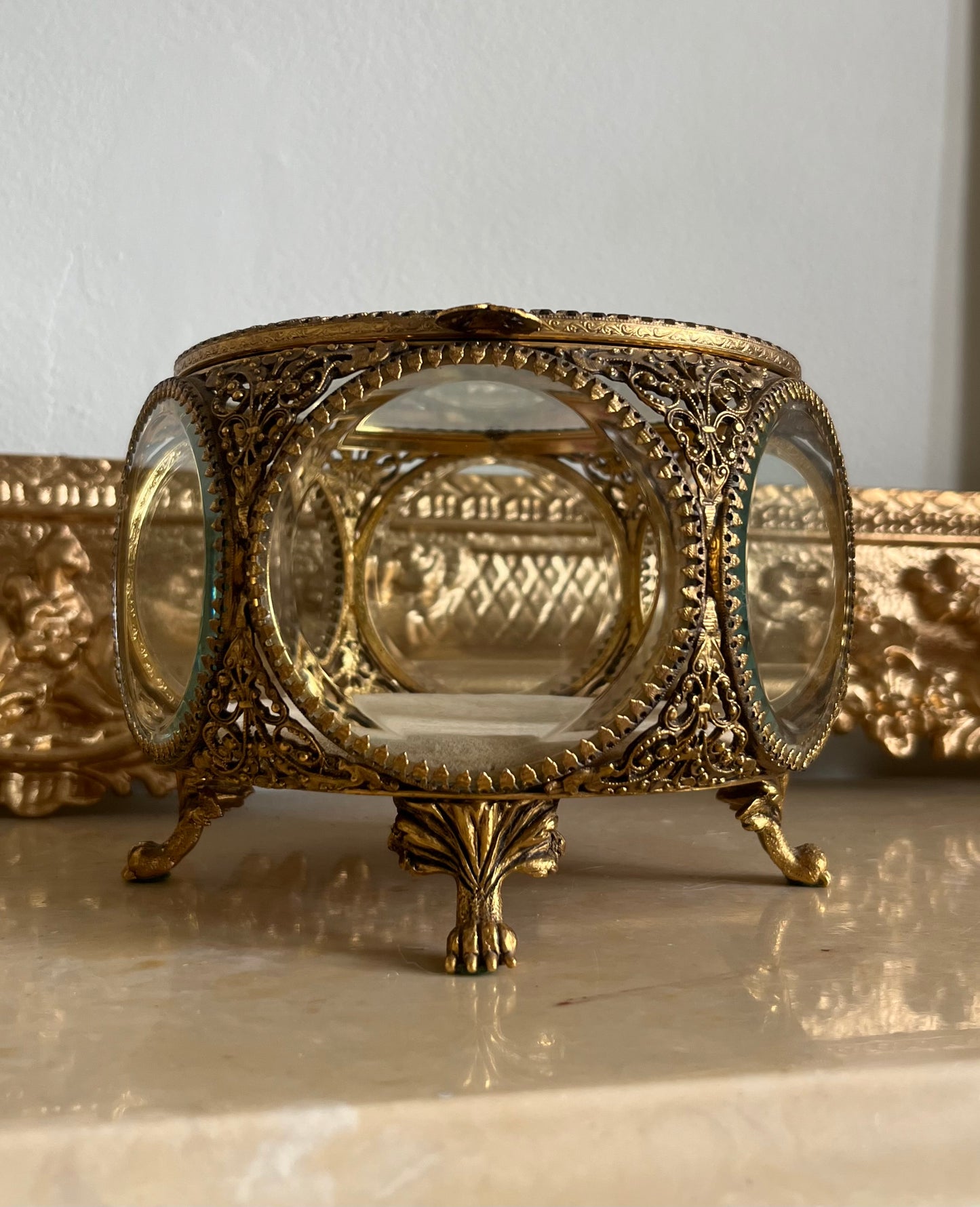 Antique French Ormolu Beveled Glass Jewelry Claw Foot Large Trinket Box