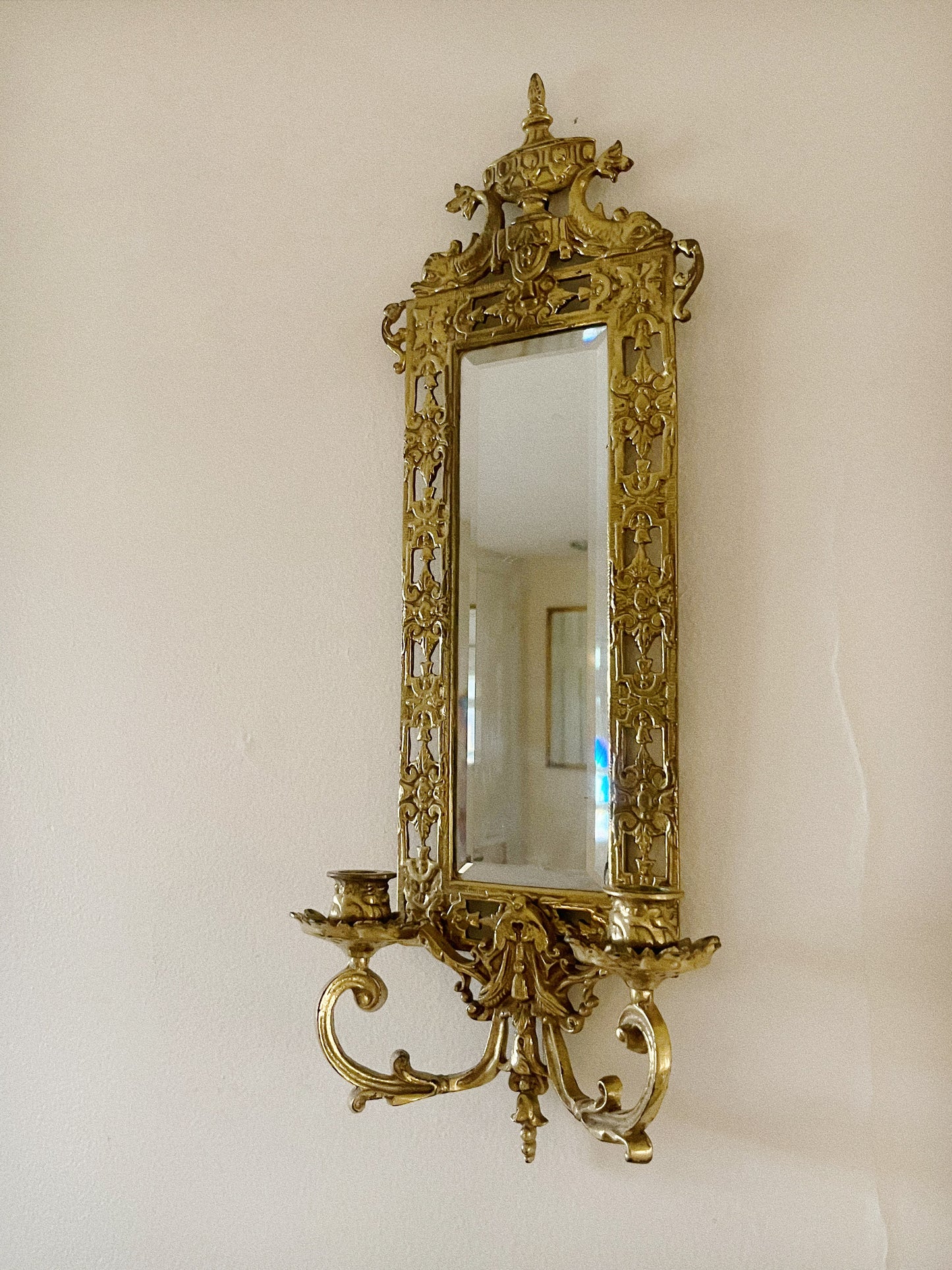 Glo-mar Artworks-NY, Brass and Beveled Mirror Candle Wall Sconce (1930)