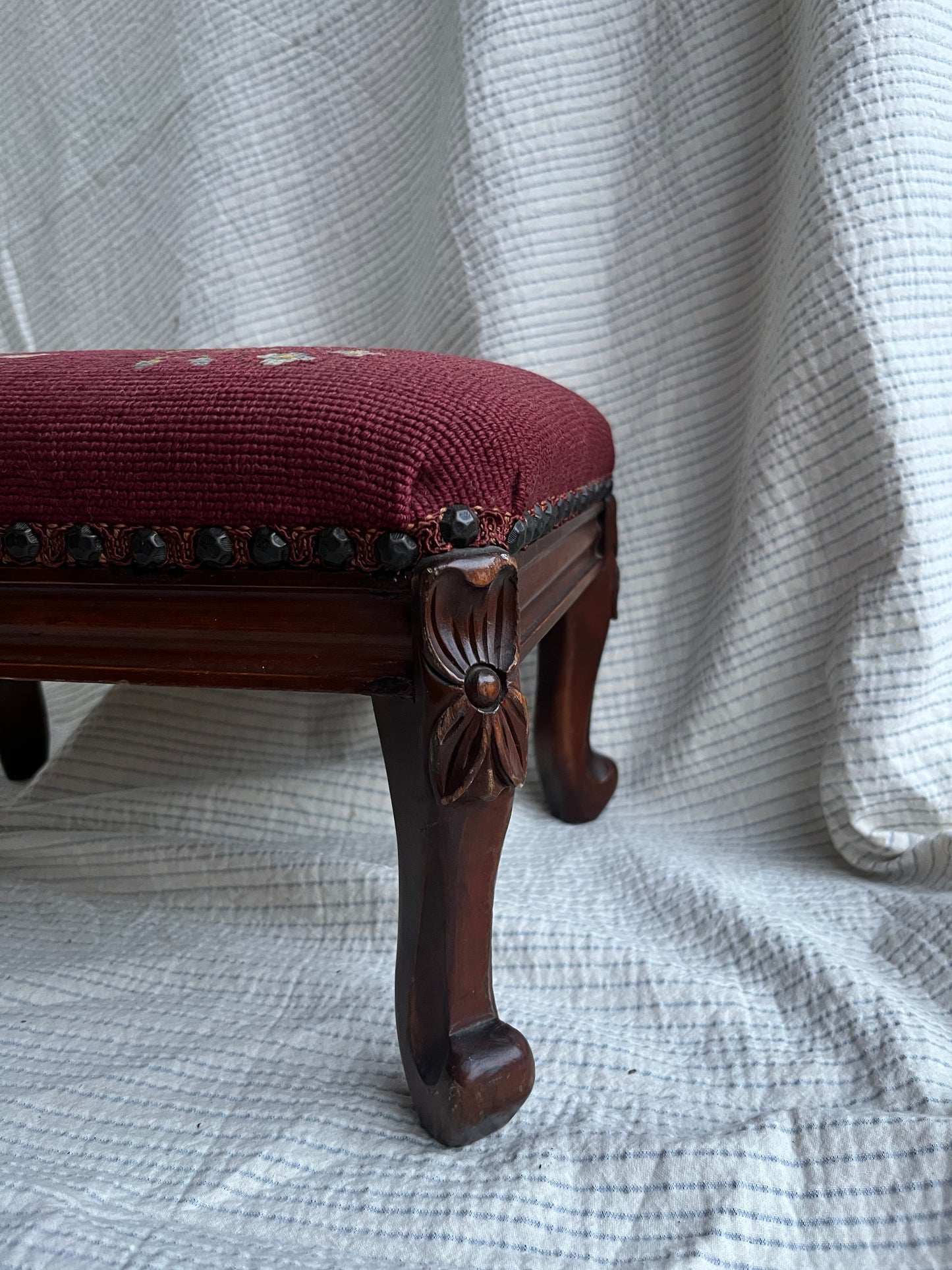 Vintage/Antique Needlepoint Footstool – Floral Embroidered Mahogany with Brass Tack Detailing