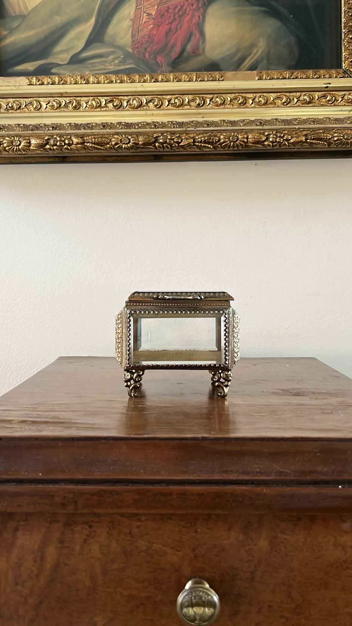 ANTIQUE Ormolu Box Casket - Ornate Glass & Brass Jewelry Box – Filigree Footed Trinket Box