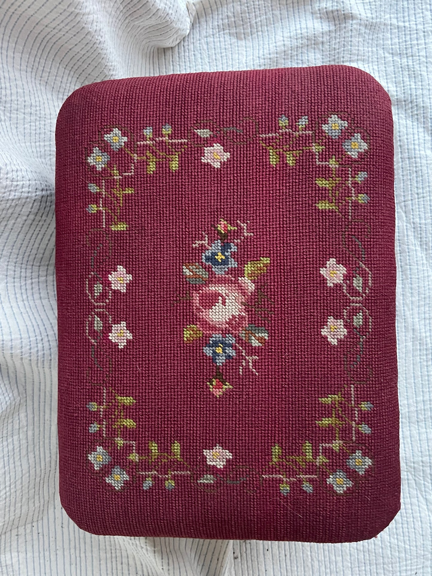 Vintage/Antique Needlepoint Footstool – Floral Embroidered Mahogany with Brass Tack Detailing