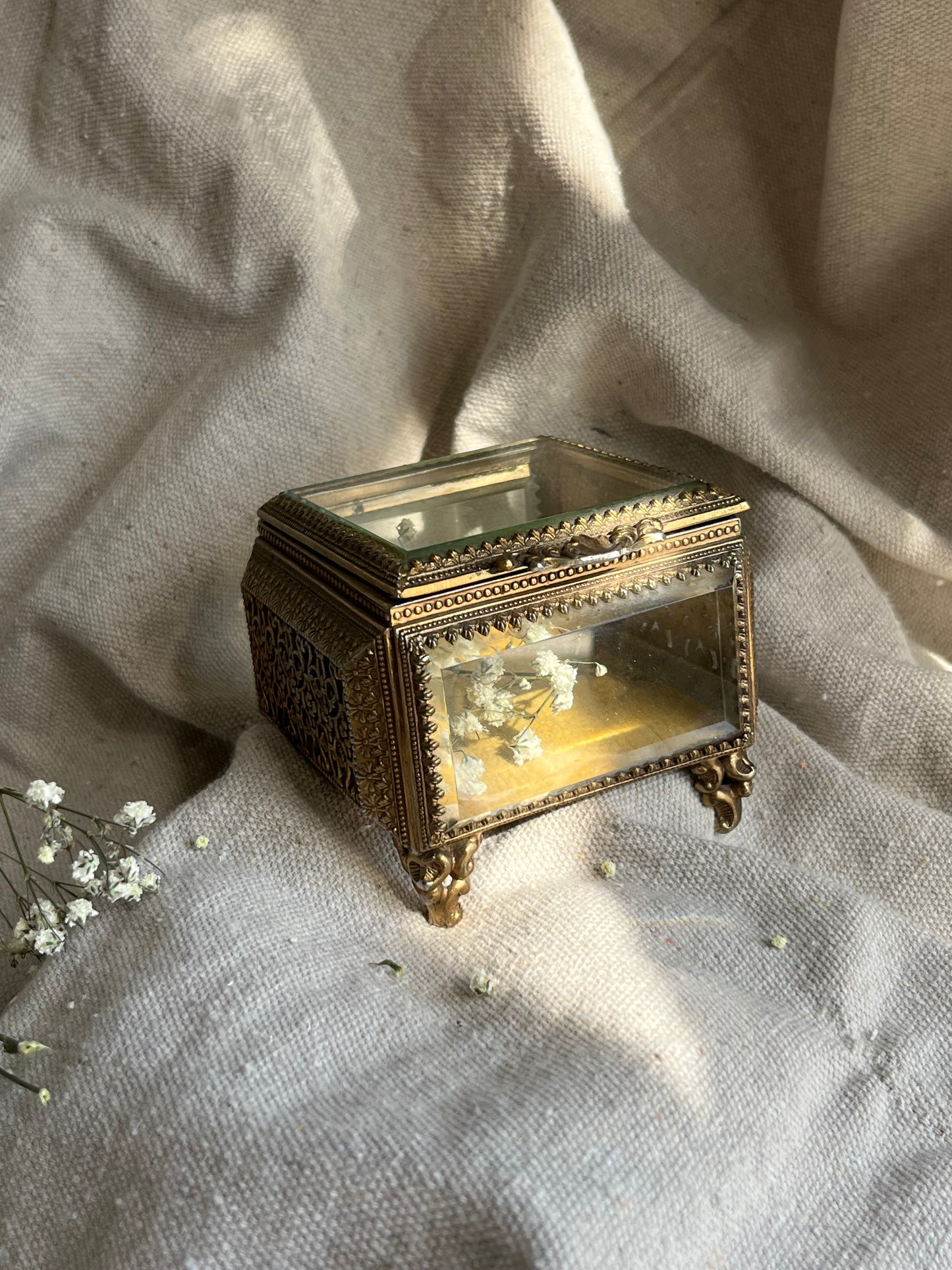 ANTIQUE Ormolu Box Casket - Ornate Glass & Brass Jewelry Box – Filigree Footed Trinket Box