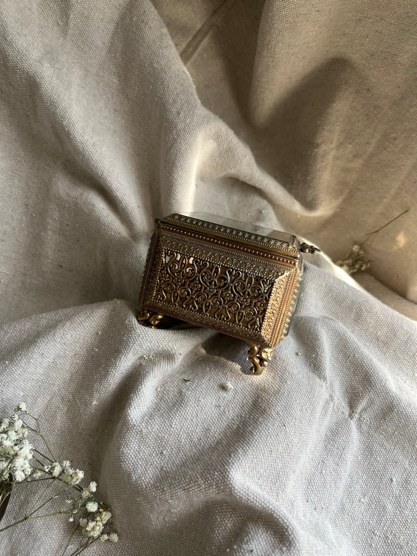 ANTIQUE Ormolu Box Casket - Ornate Glass & Brass Jewelry Box – Filigree Footed Trinket Box