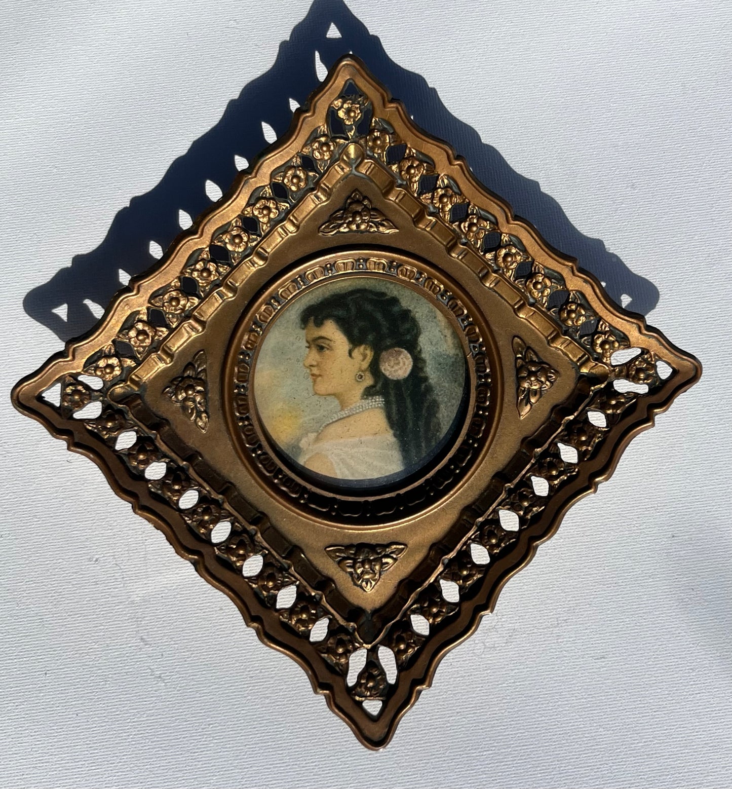 Antique Ornate Miniature Woman Cameo Portrait Gold Frame - Vintage