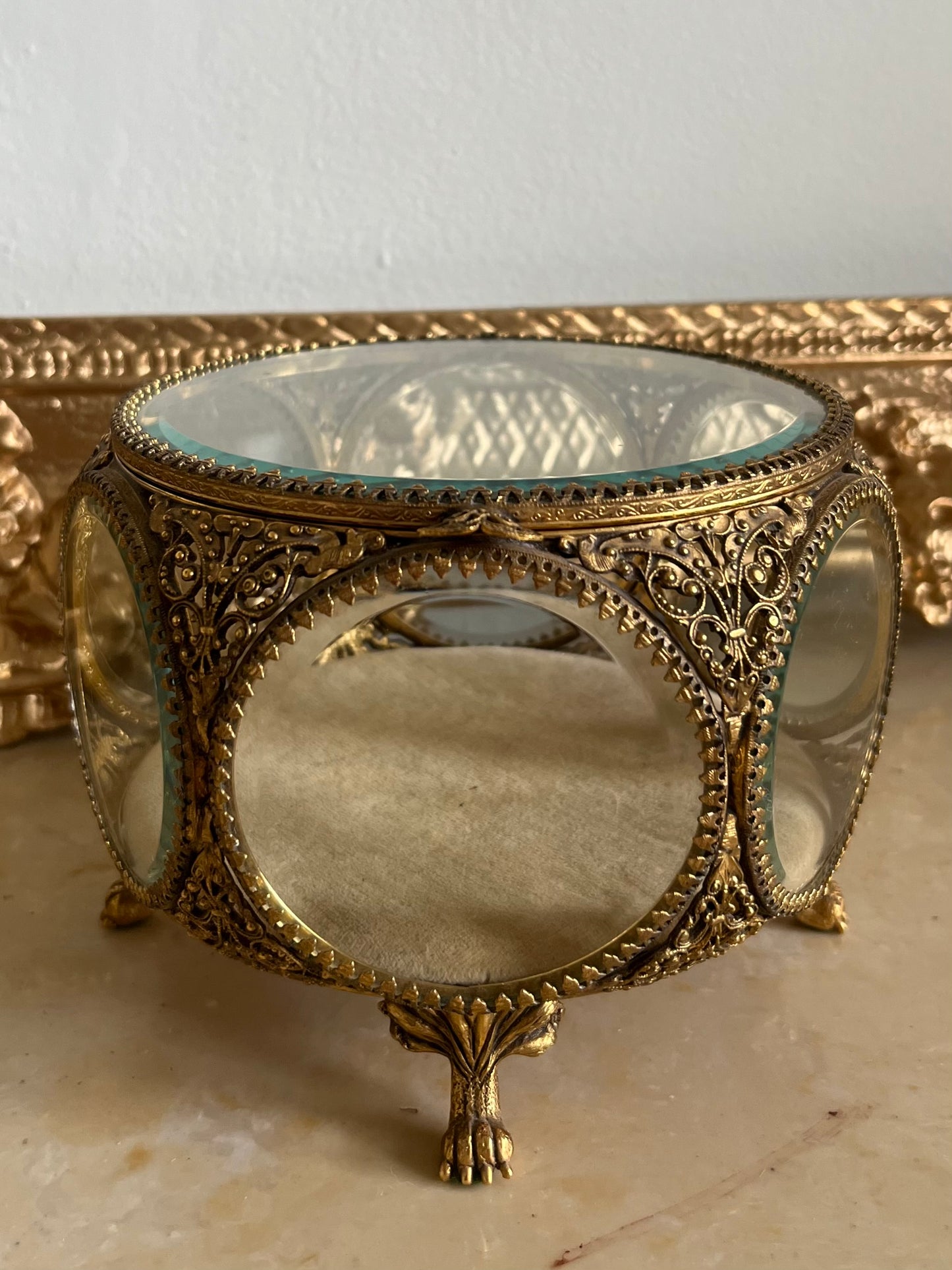 Antique French Ormolu Beveled Glass Jewelry Claw Foot Large Trinket Box