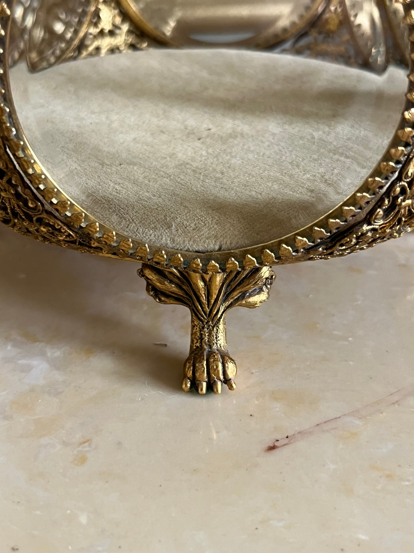 Antique French Ormolu Beveled Glass Jewelry Claw Foot Large Trinket Box