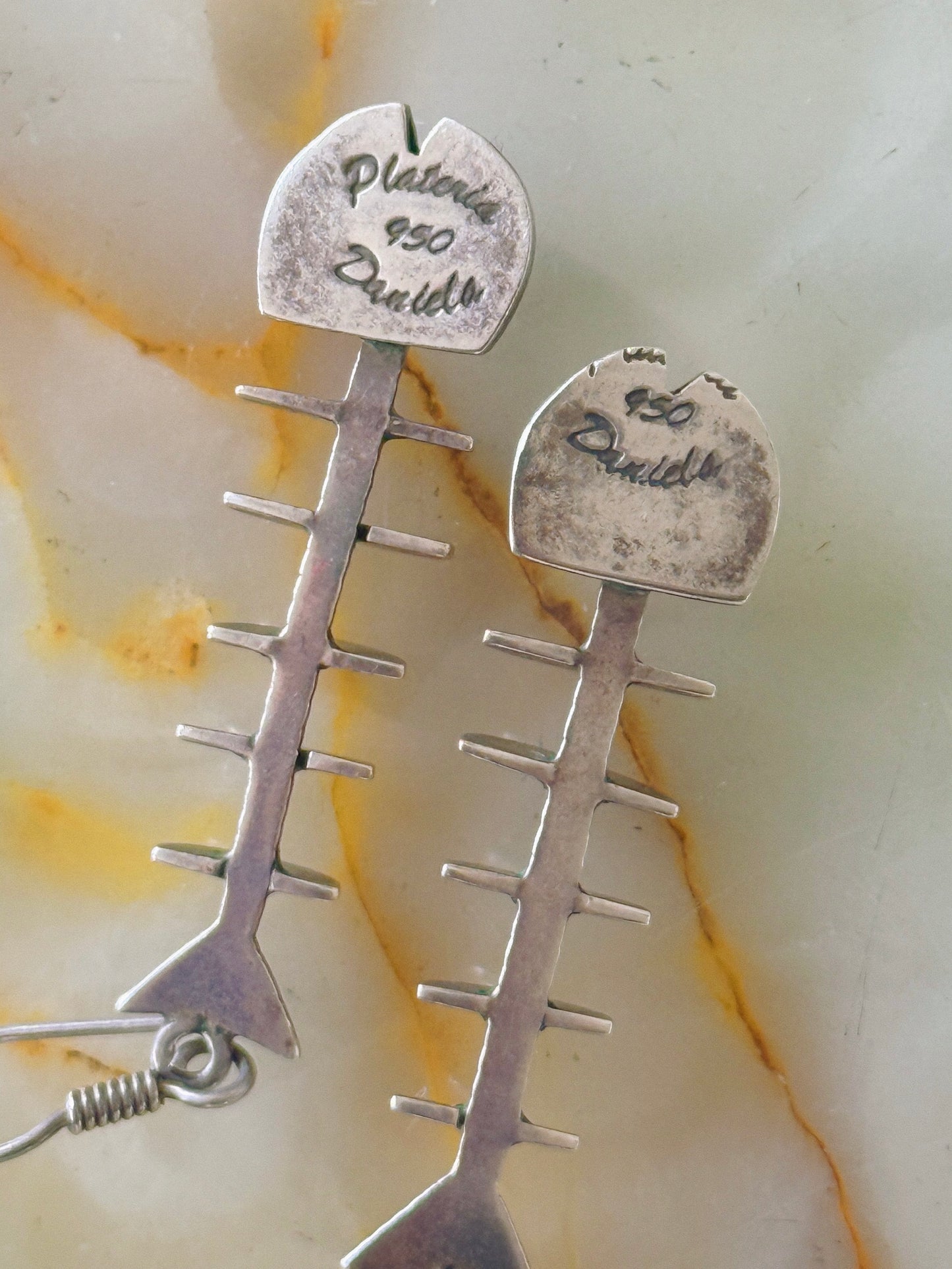 Vintage Daniela Plateria Taxco Fish Skeleton Hook Earrings
