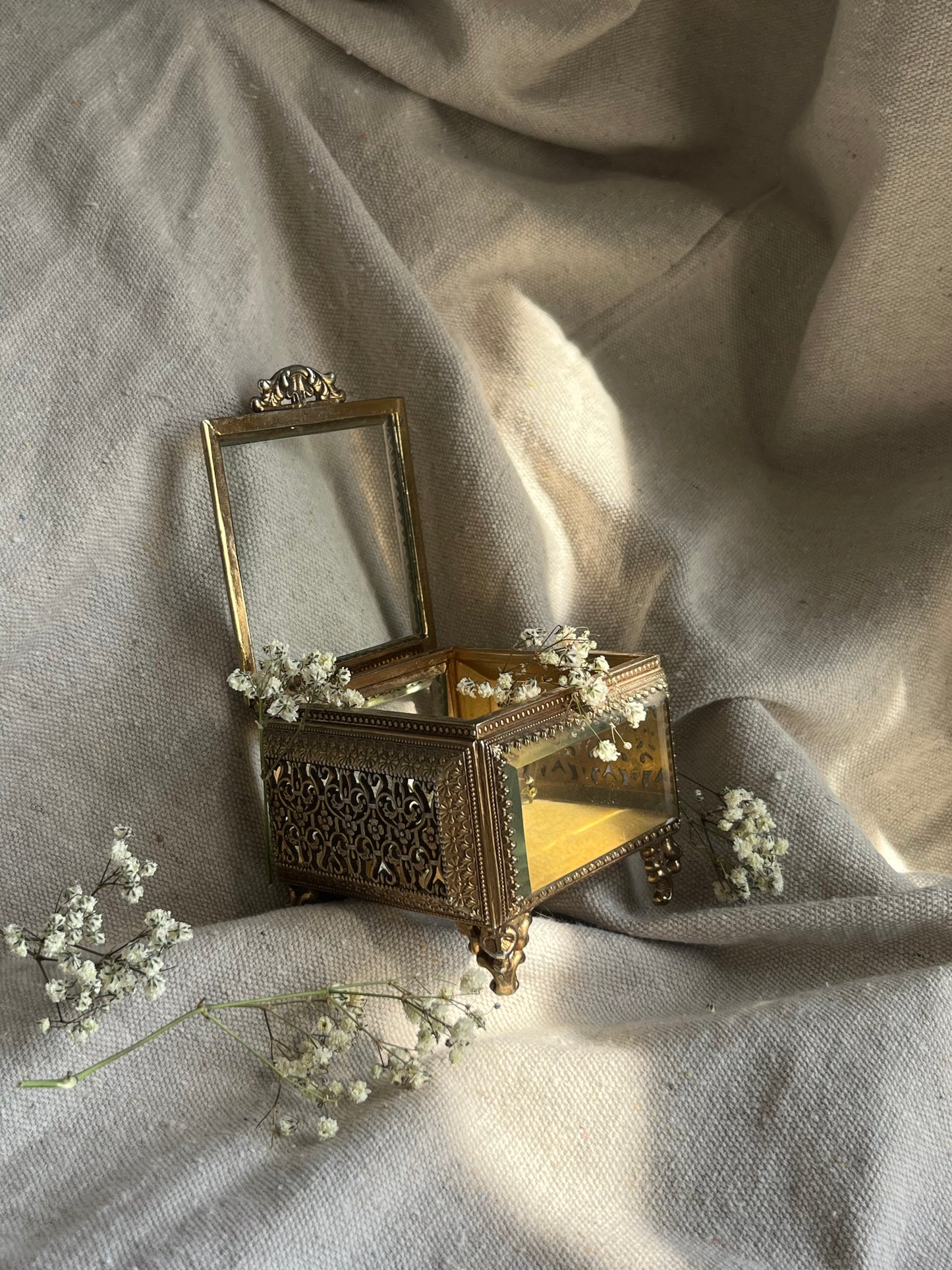 ANTIQUE Ormolu Box Casket - Ornate Glass & Brass Jewelry Box – Filigree Footed Trinket Box