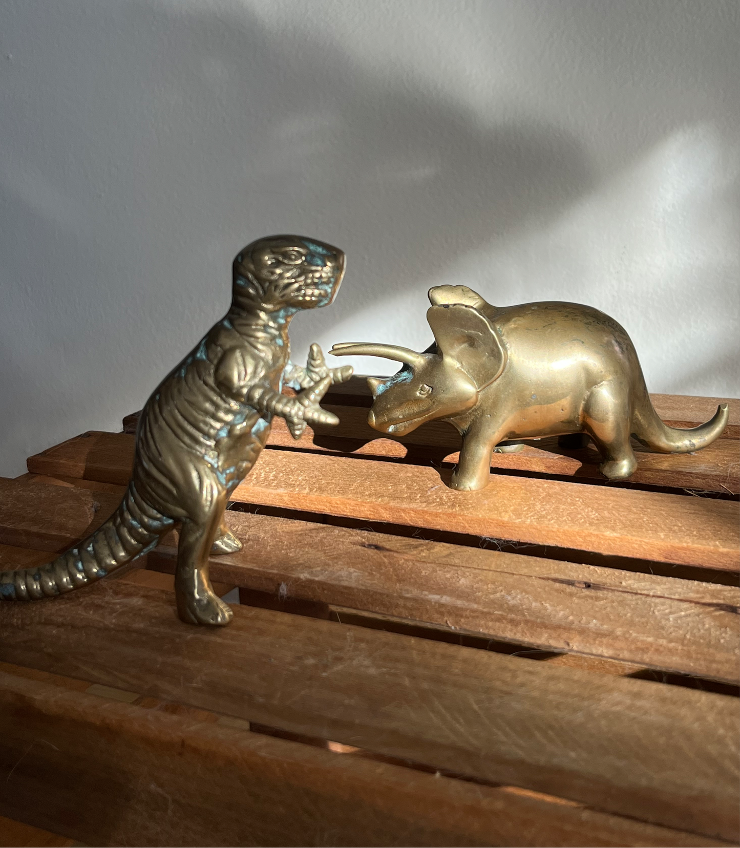 Vintage Brass Dinosaur Figurine Set – T-Rex & Triceratops Sculptures, Heavy Solid Brass Collectibles