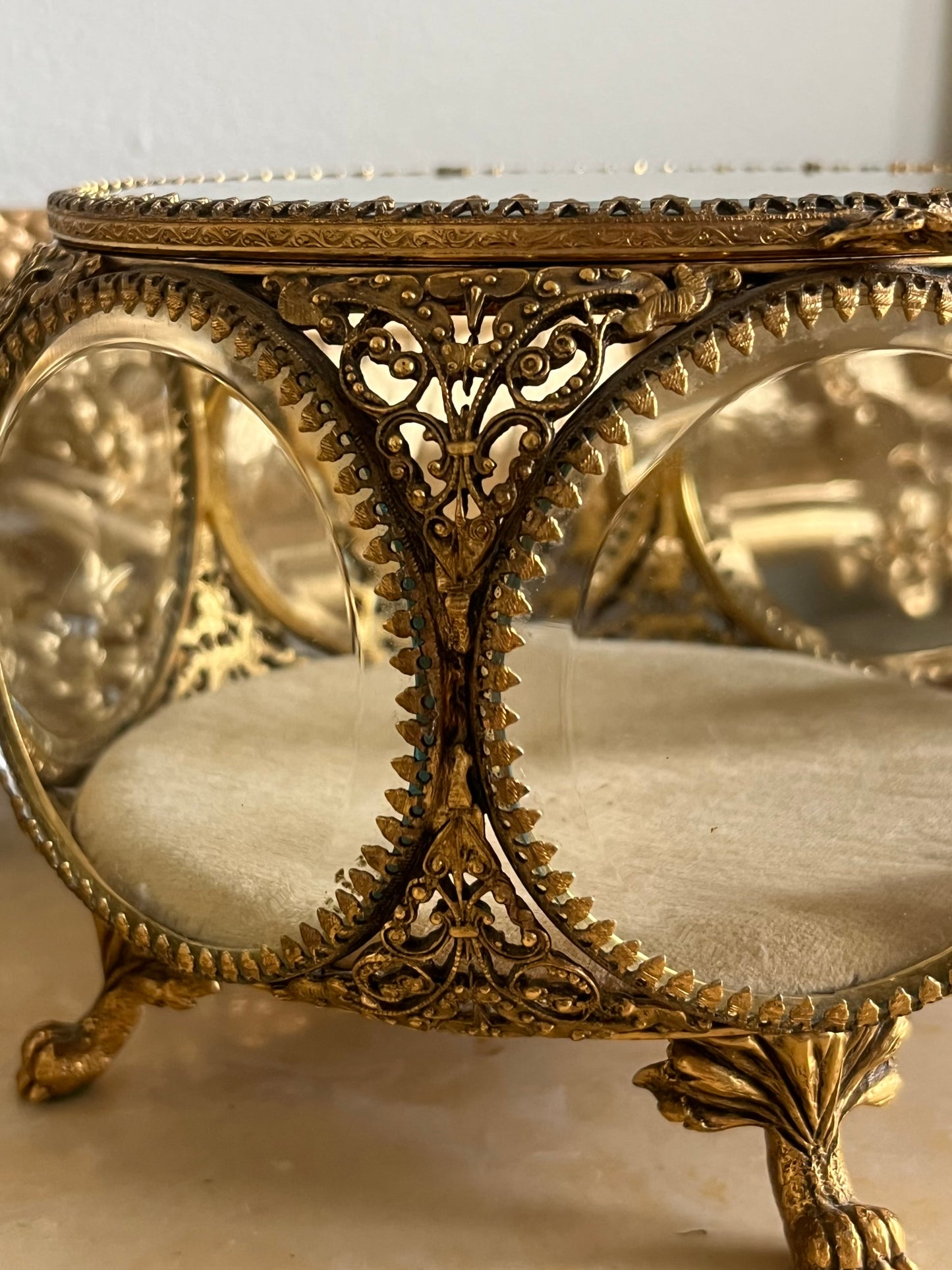 Antique French Ormolu Beveled Glass Jewelry Claw Foot Large Trinket Box