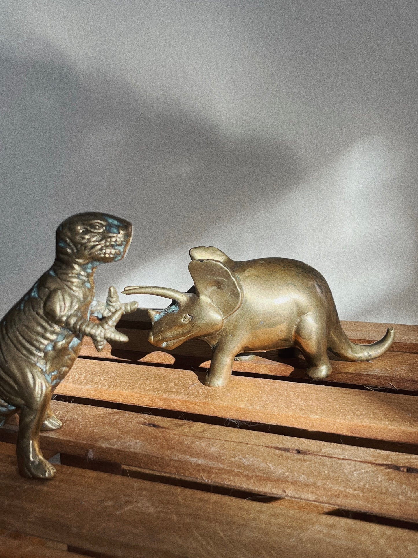 Vintage Brass Dinosaur Figurine Set – T-Rex & Triceratops Sculptures, Heavy Solid Brass Collectibles