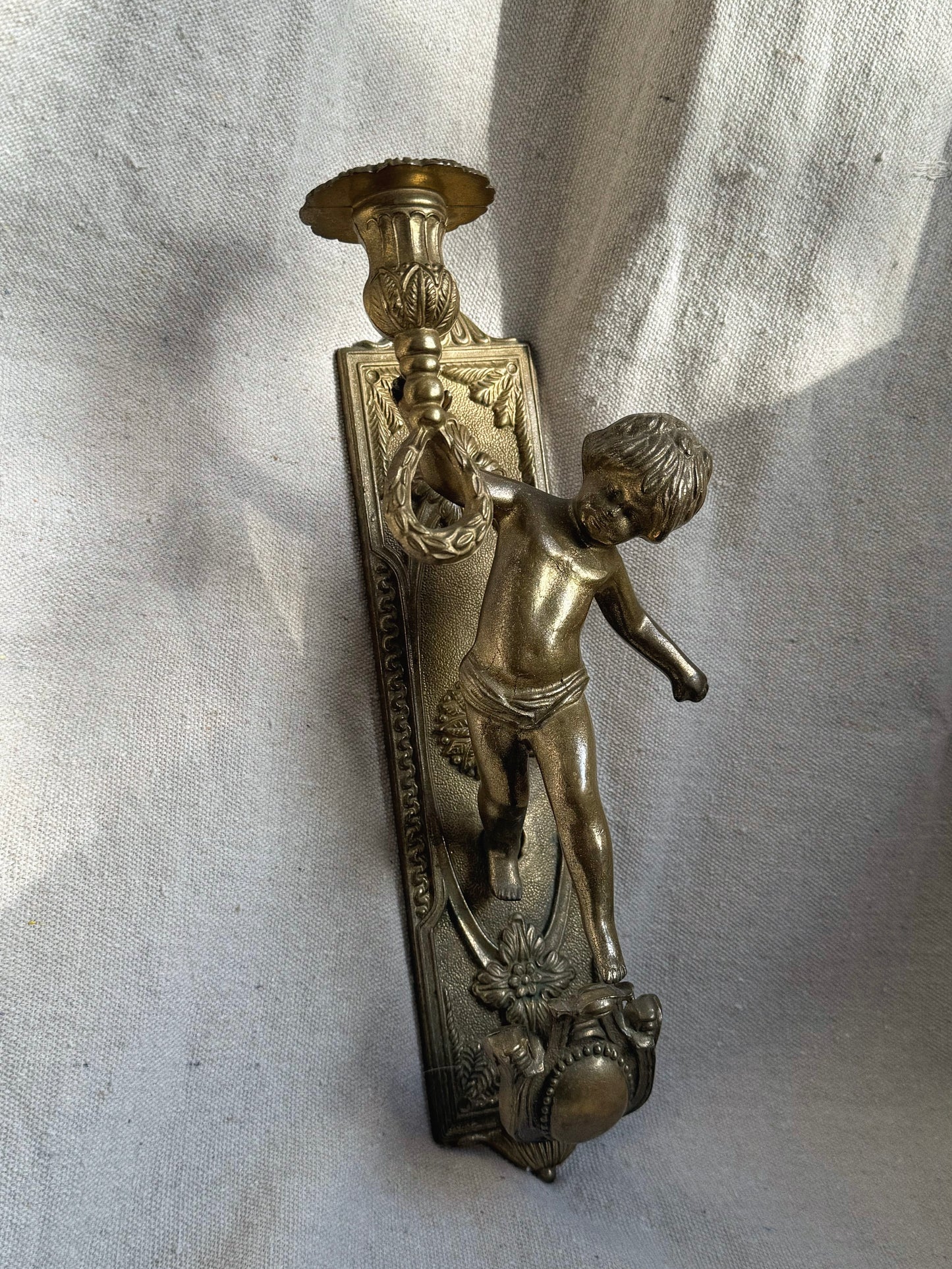 Antique Cherub Wall Sconce Candle Holder - Brass