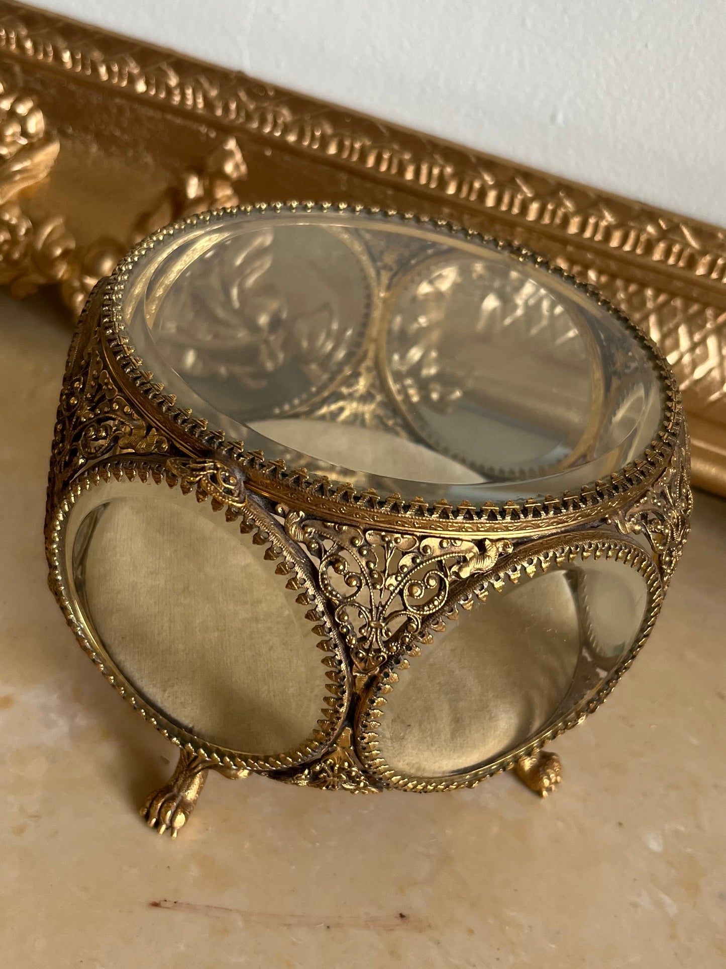 Antique French Ormolu Beveled Glass Jewelry Claw Foot Large Trinket Box
