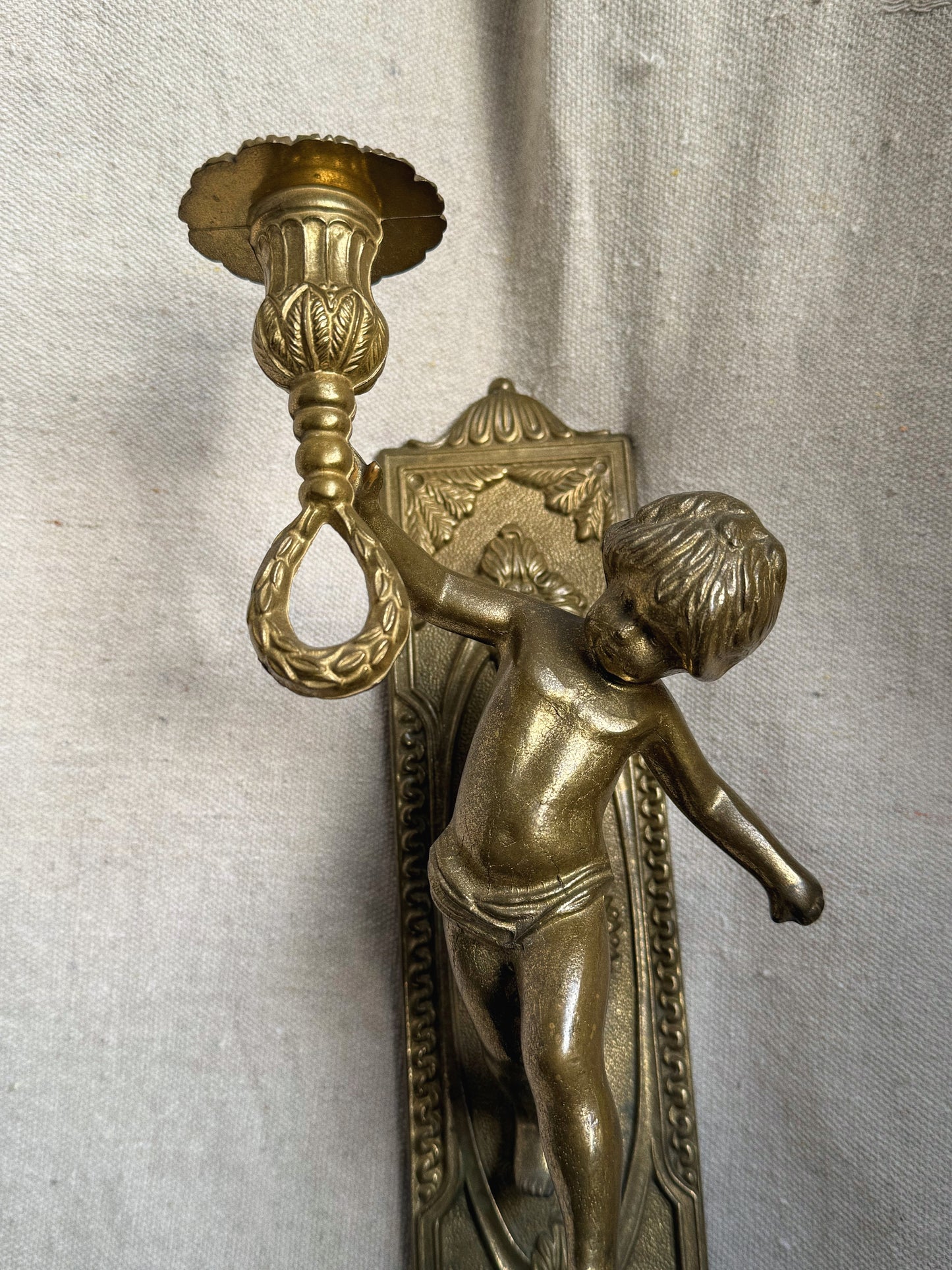 Antique Cherub Wall Sconce Candle Holder - Brass
