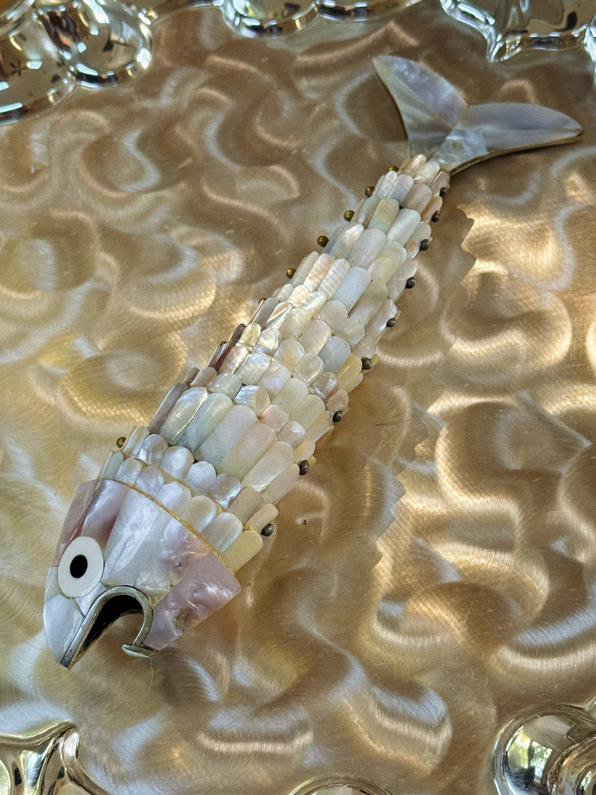 Abalone and Mother of Pearl Articulated Fish Bottle Opener Brass Accents