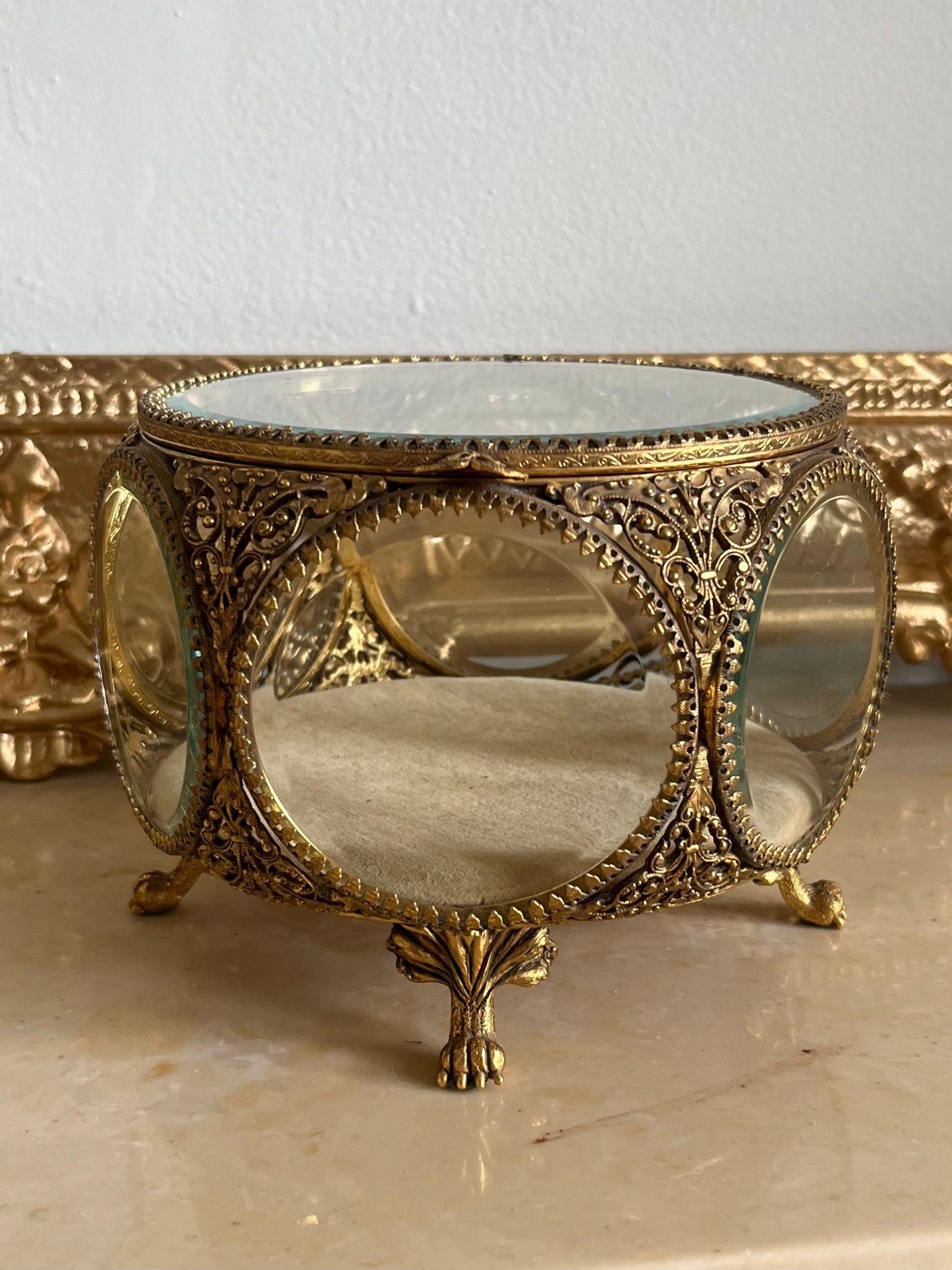 Antique French Ormolu Beveled Glass Jewelry Claw Foot Large Trinket Box