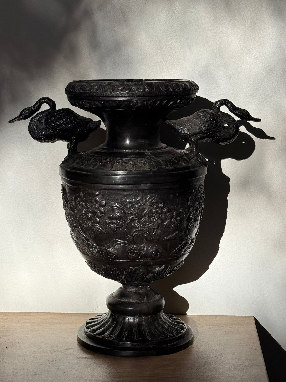 Vintage Solid Bronze Swan Handle Vase