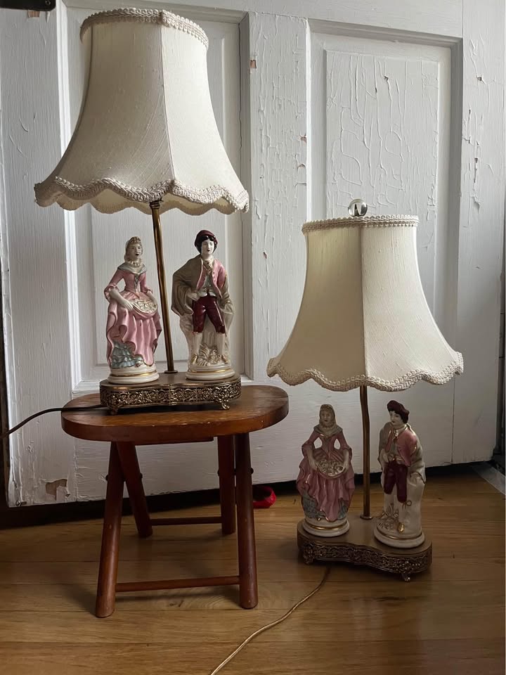 Victorian-Style Porcelain Figurine Lamps with Ornate Brass Base (Set of 2)