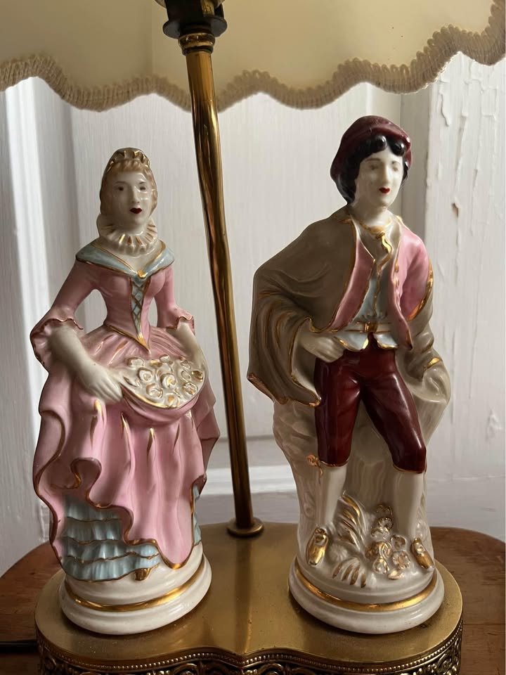 Victorian-Style Porcelain Figurine Lamps with Ornate Brass Base (Set of 2)