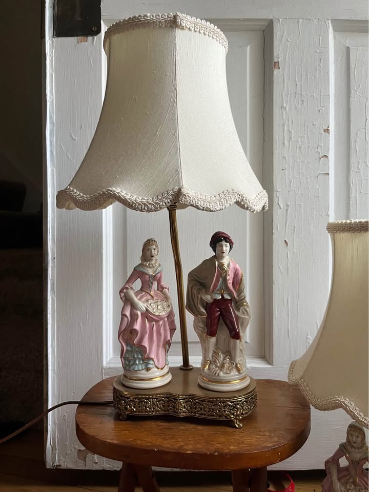 Victorian-Style Porcelain Figurine Lamps with Ornate Brass Base (Set of 2)