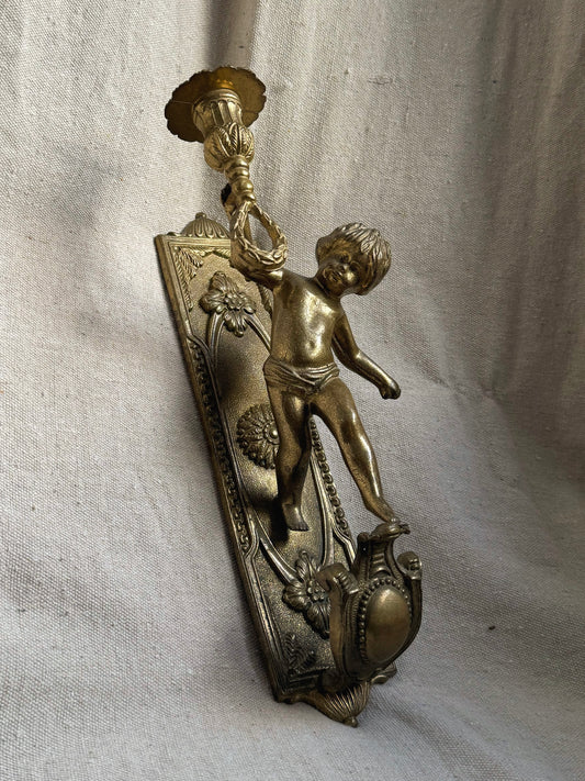 Antique Cherub Wall Sconce Candle Holder - Brass