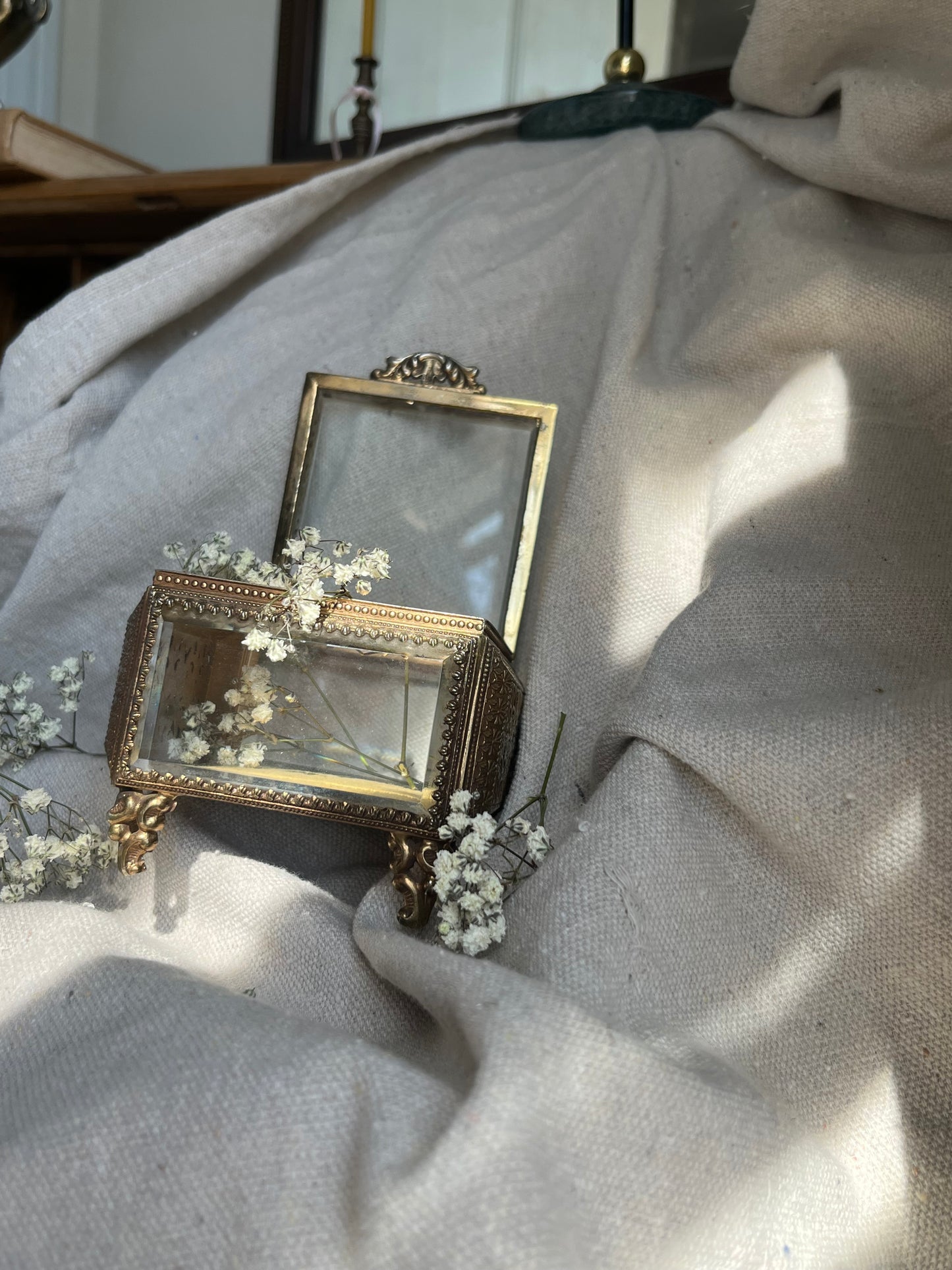 ANTIQUE Ormolu Box Casket - Ornate Glass & Brass Jewelry Box – Filigree Footed Trinket Box