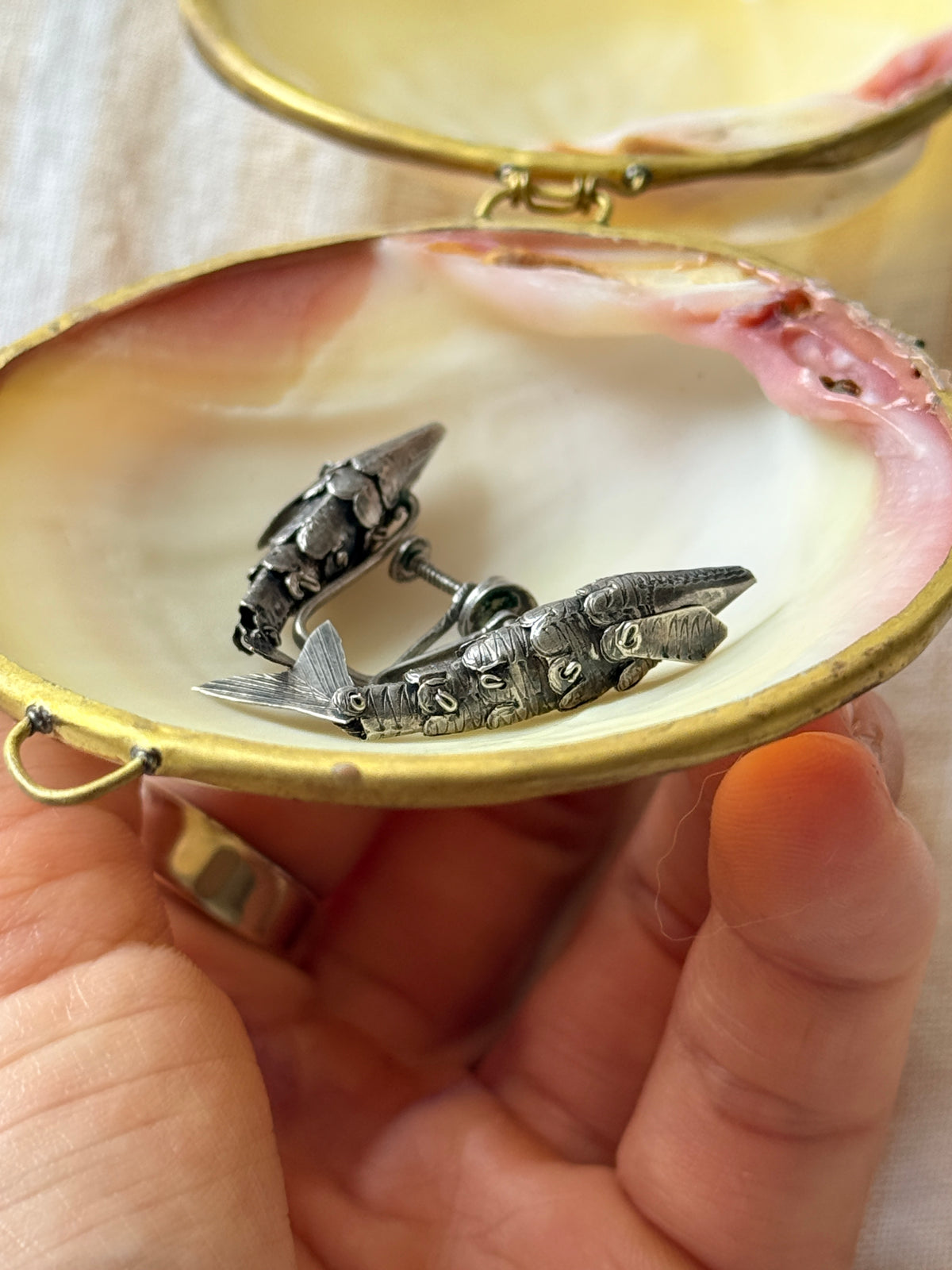 Vintage Articulated Fish Clip On Drop Earrings Sterling Silver
