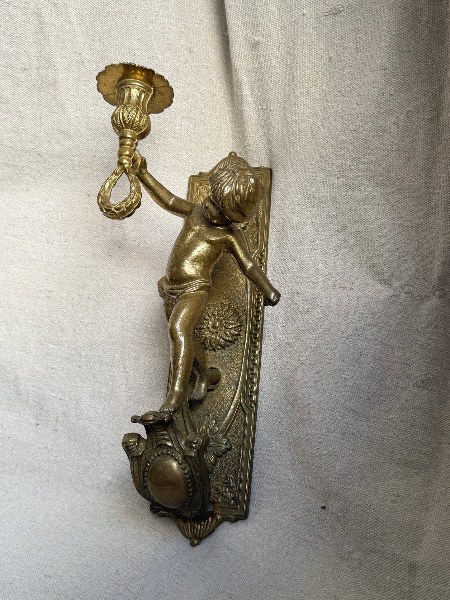 Antique Cherub Wall Sconce Candle Holder - Brass