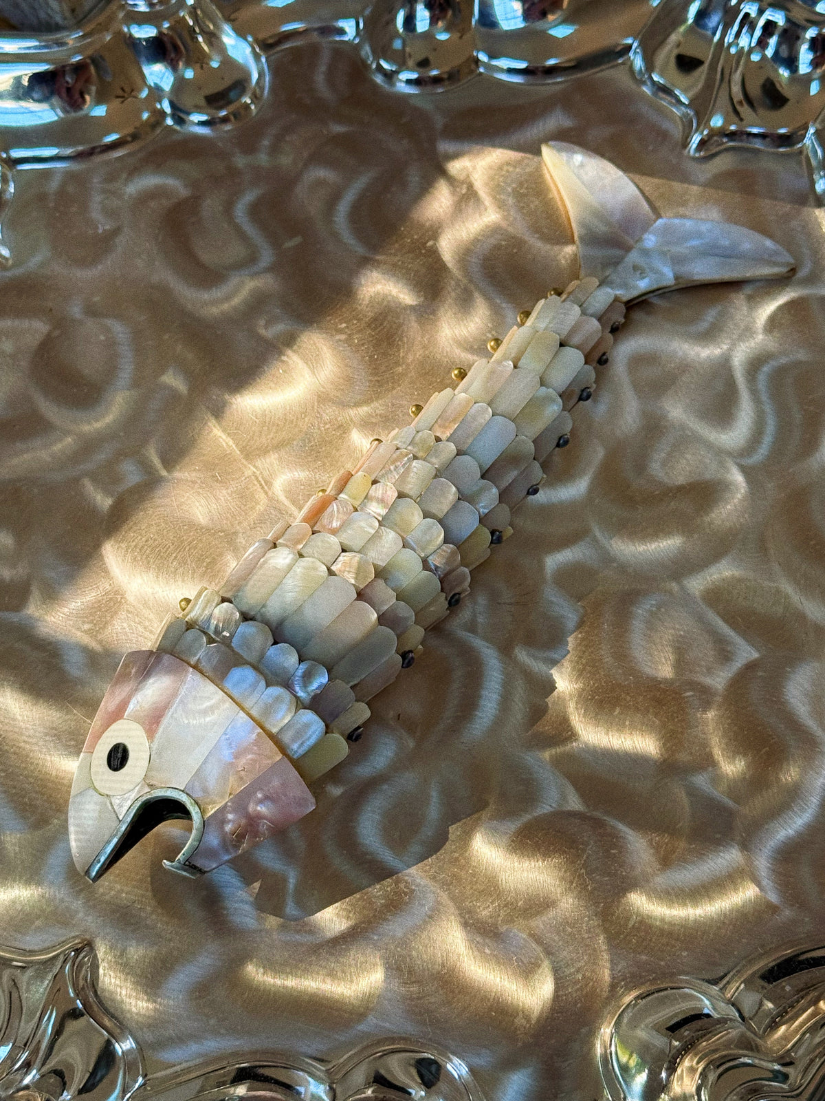 Abalone and Mother of Pearl Articulated Fish Bottle Opener Brass Accents