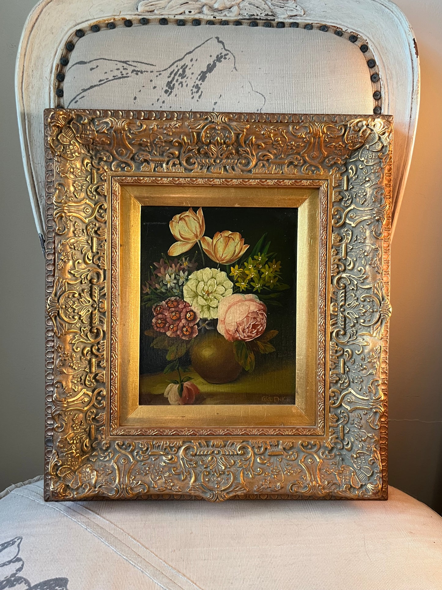 Ornate Gold Frame Floral Arrangement Oil Painting on Canvas
