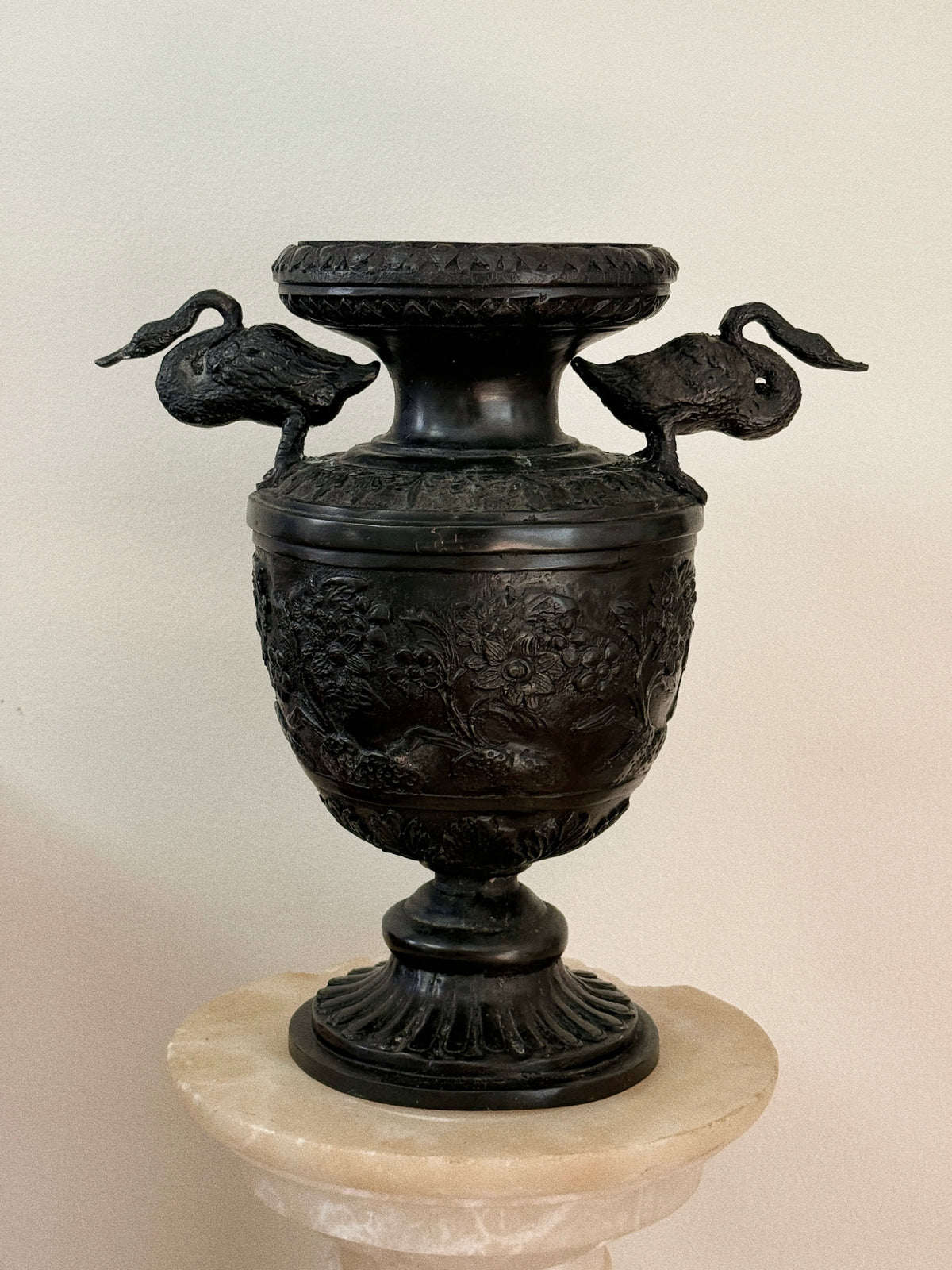 Vintage Solid Bronze Swan Handle Vase