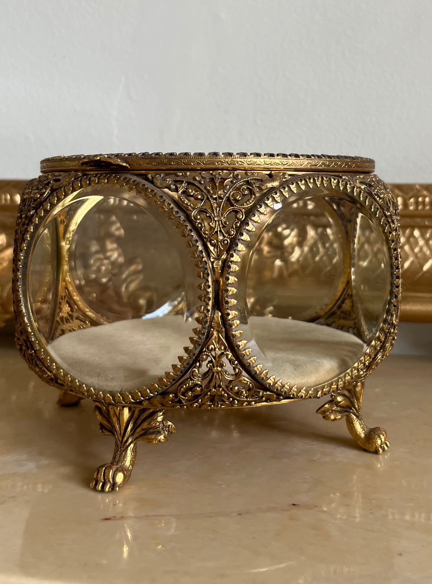 Antique French Ormolu Beveled Glass Jewelry Claw Foot Large Trinket Box