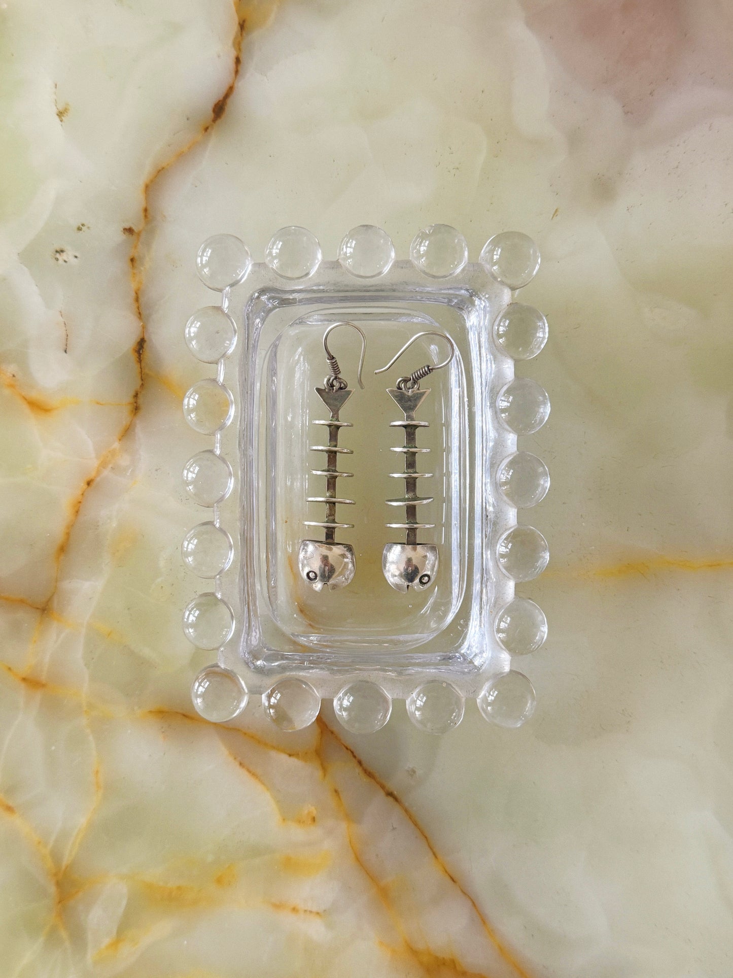 Vintage Daniela Plateria Taxco Fish Skeleton Hook Earrings