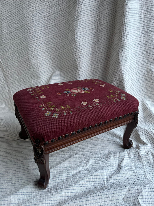 Vintage/Antique Needlepoint Footstool – Floral Embroidered Mahogany with Brass Tack Detailing