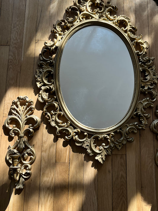 Vintage Hollywood Regency Gold Vanity Mirror & Sconce Set – Syroco Style Ornate Wall Decor
