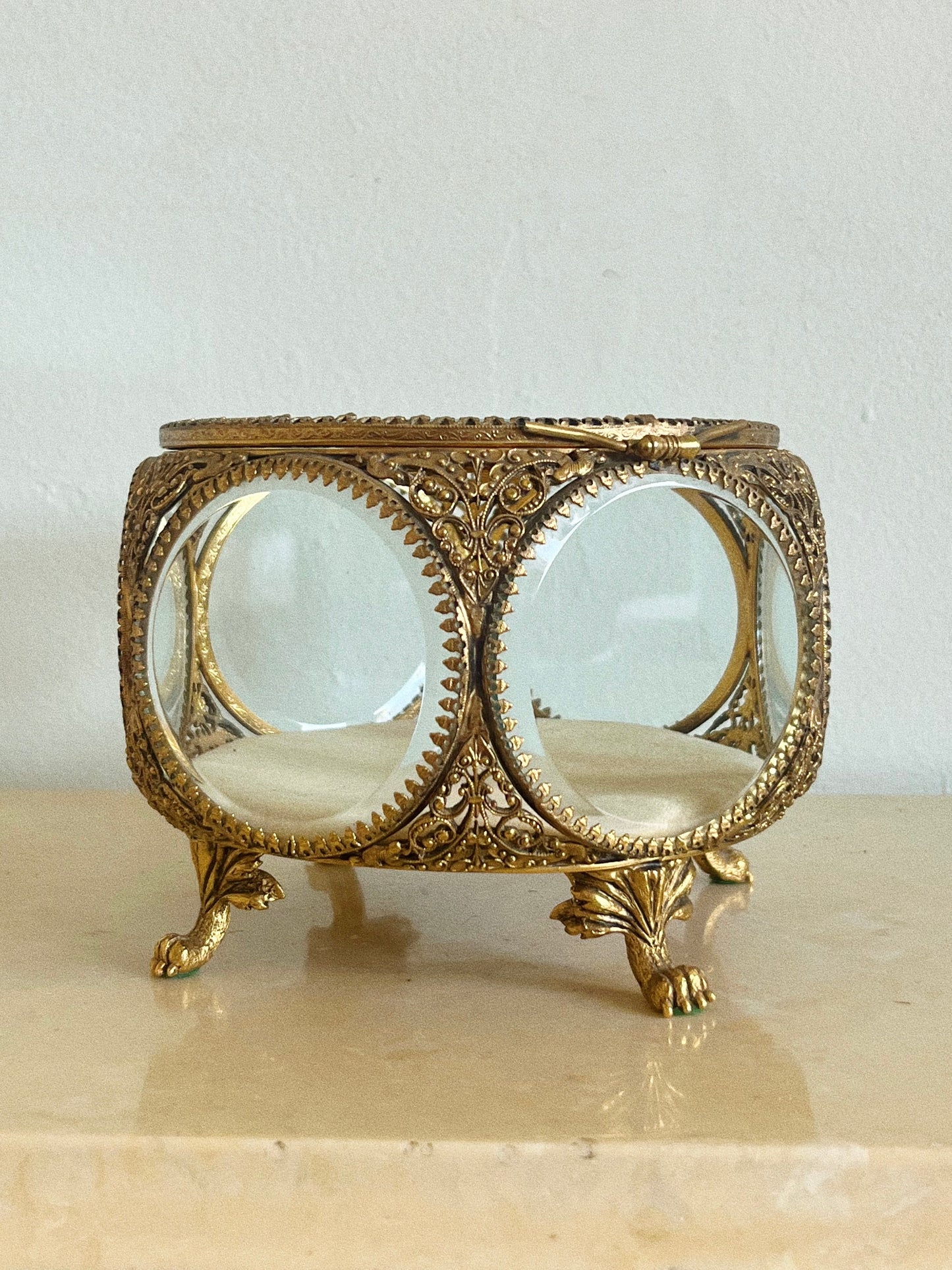 Antique French Ormolu Beveled Glass Jewelry Claw Foot Large Trinket Box