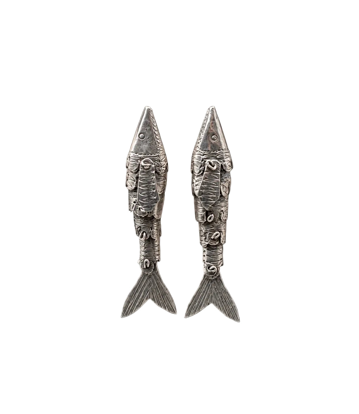 Vintage Articulated Fish Clip On Drop Earrings Sterling Silver