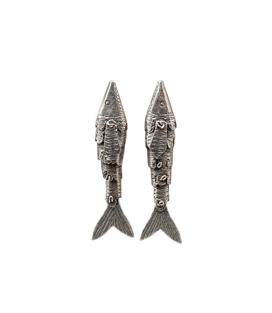 Vintage Articulated Fish Clip On Drop Earrings Sterling Silver