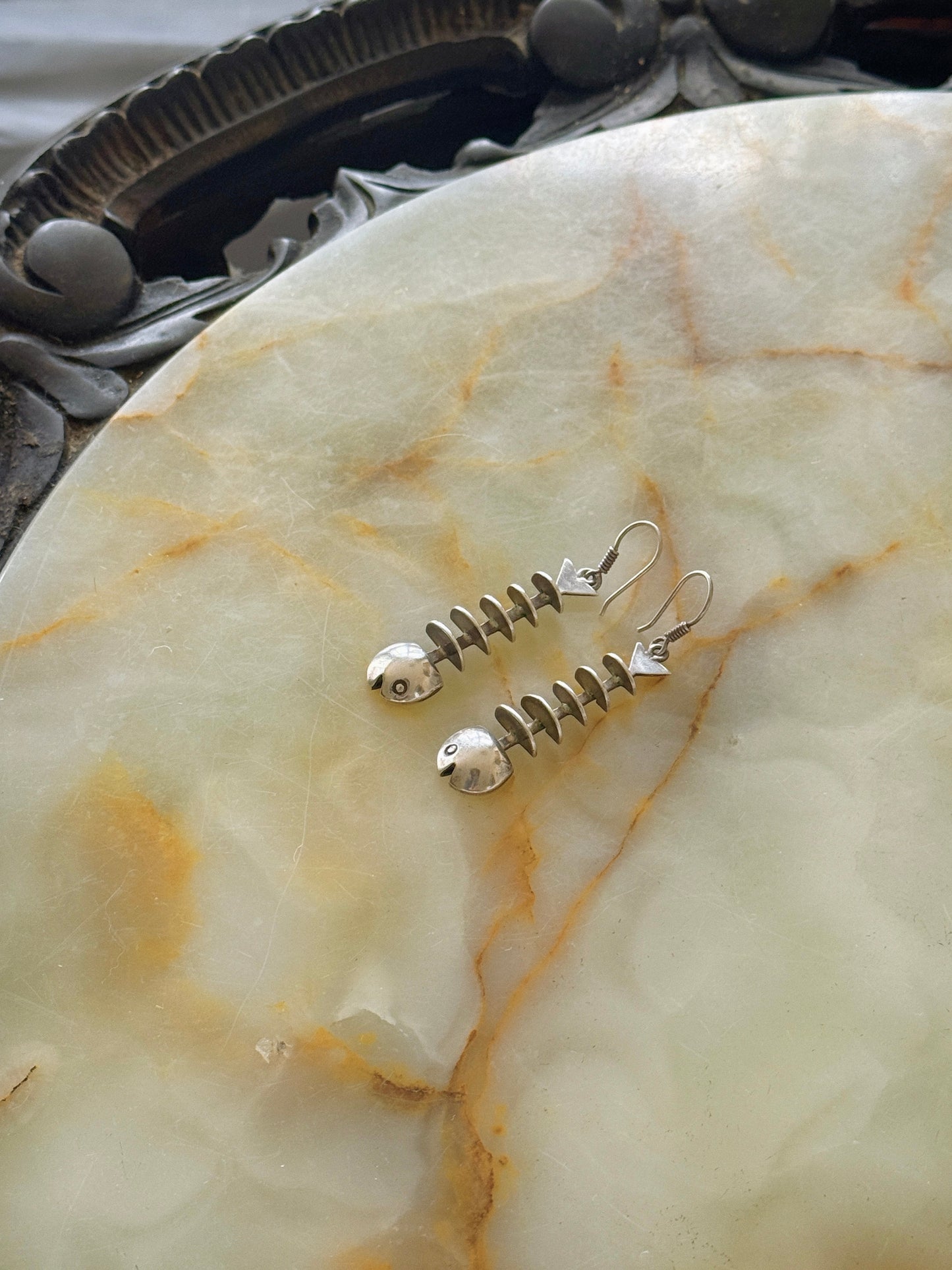 Vintage Daniela Plateria Taxco Fish Skeleton Hook Earrings
