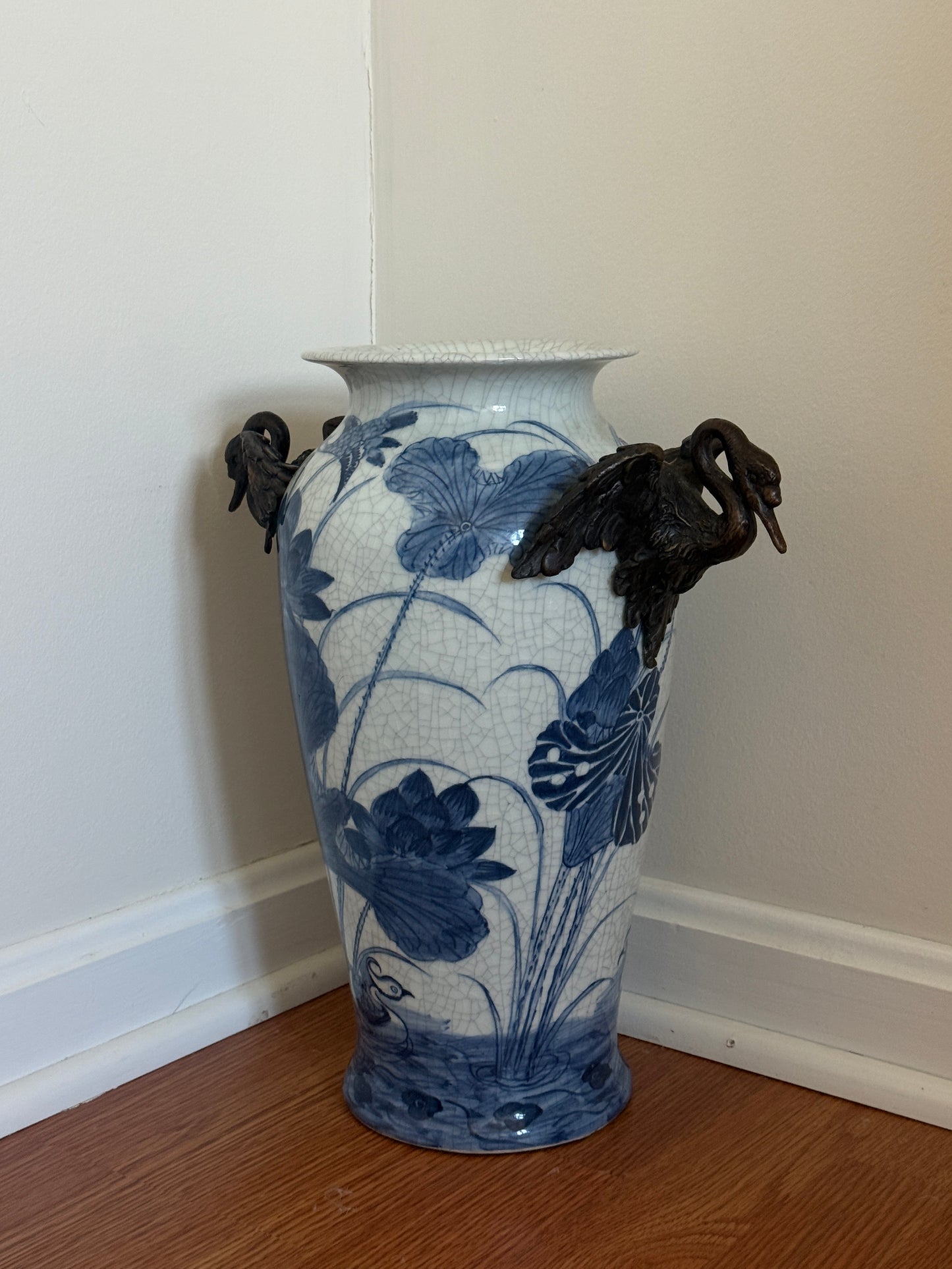 Swan Handle Blue & White Vase