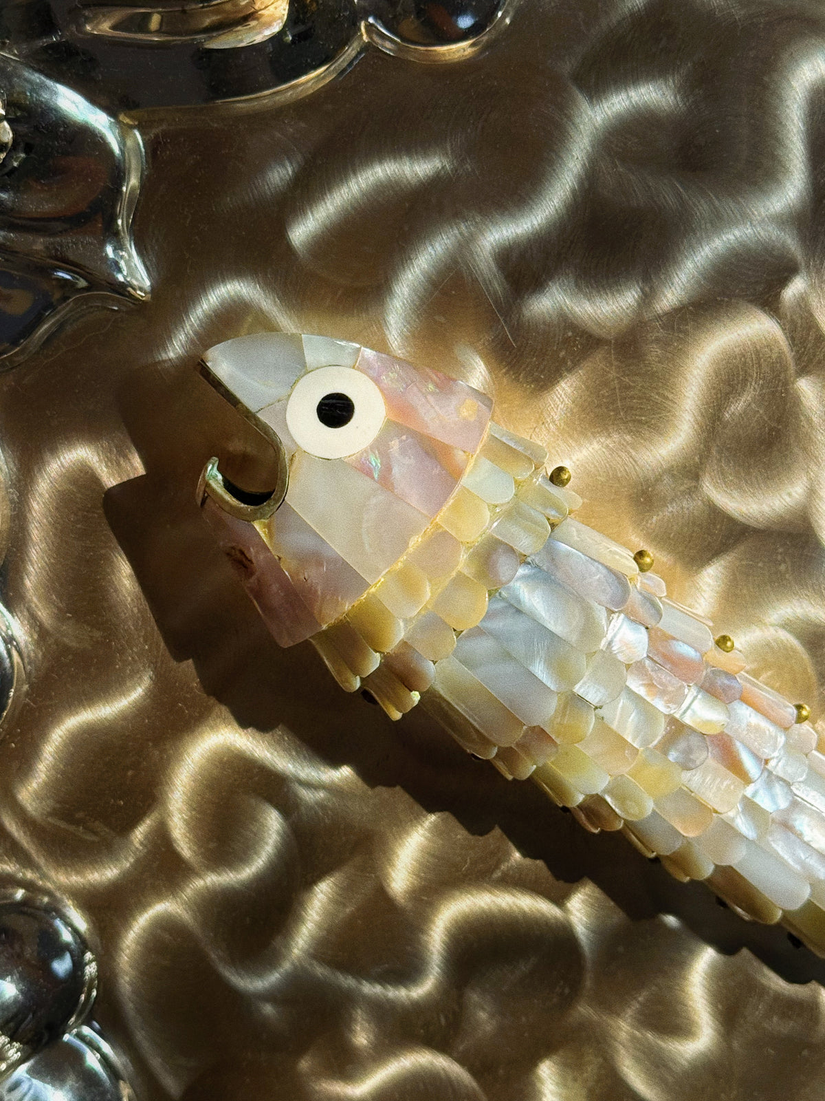 Abalone and Mother of Pearl Articulated Fish Bottle Opener Brass Accents